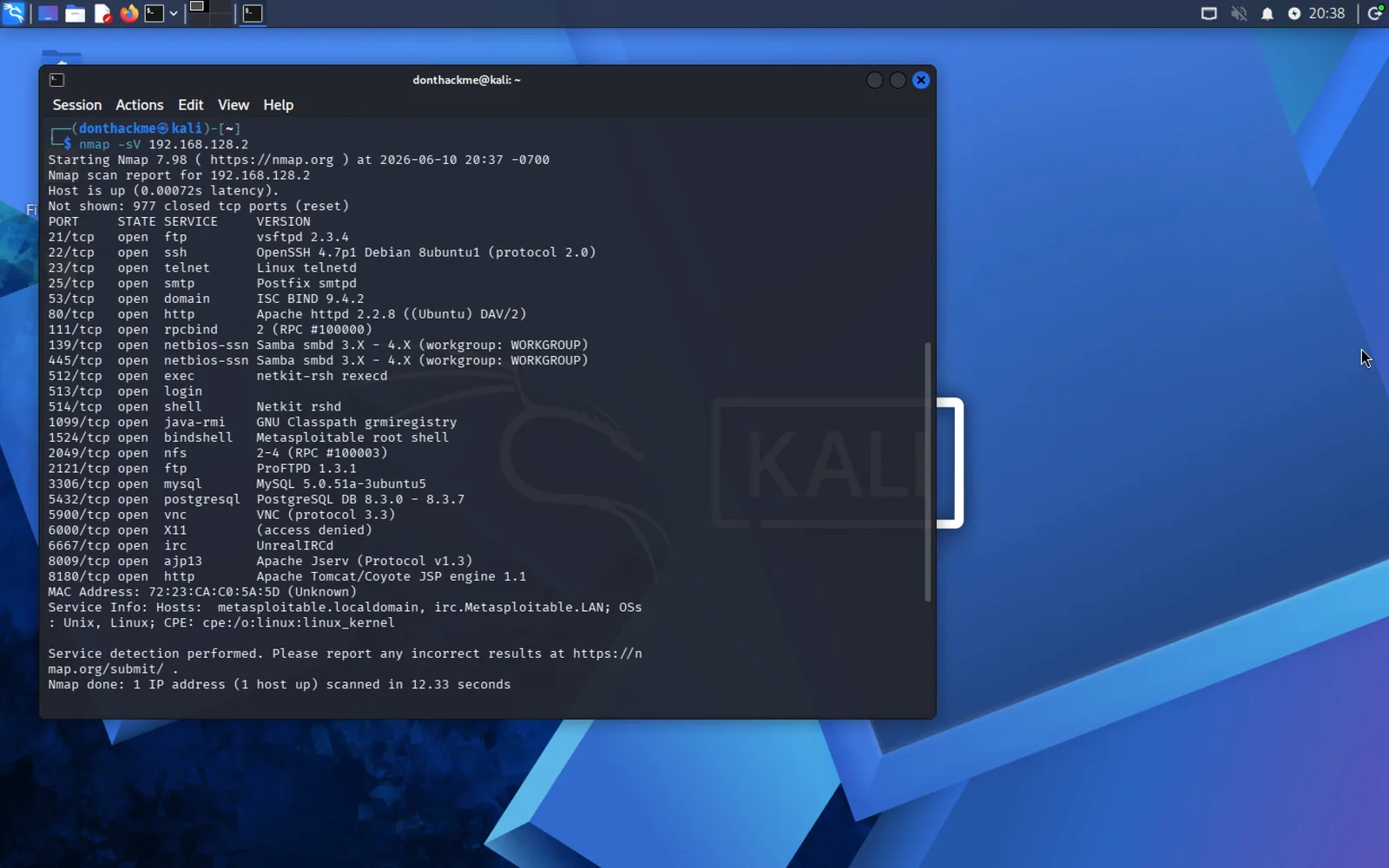 Nmap -sV scan — 21 open ports identified