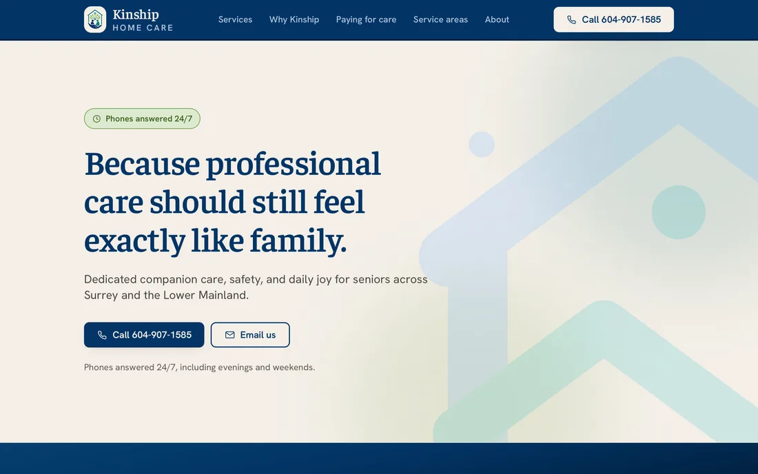 Kinship Home Care senior companion care website homepage.