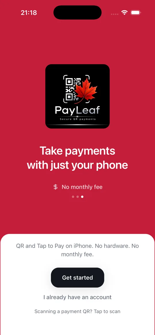 PayLeaf onboarding screen — take payments with just your phone.