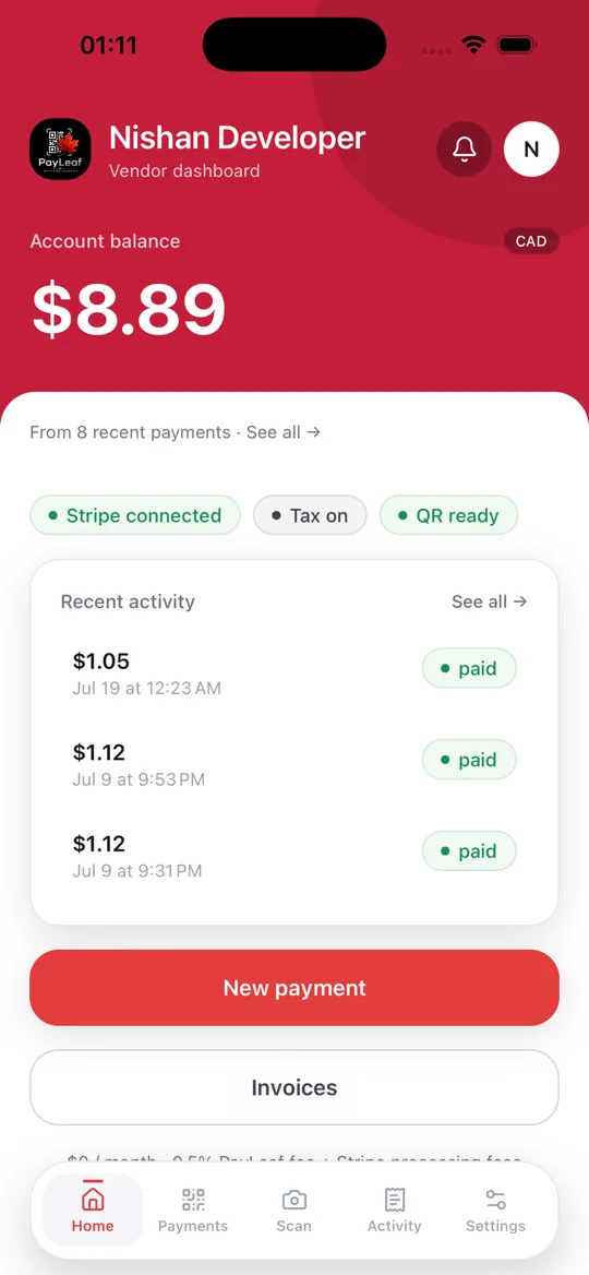 PayLeaf vendor dashboard showing account balance and recent paid payments.