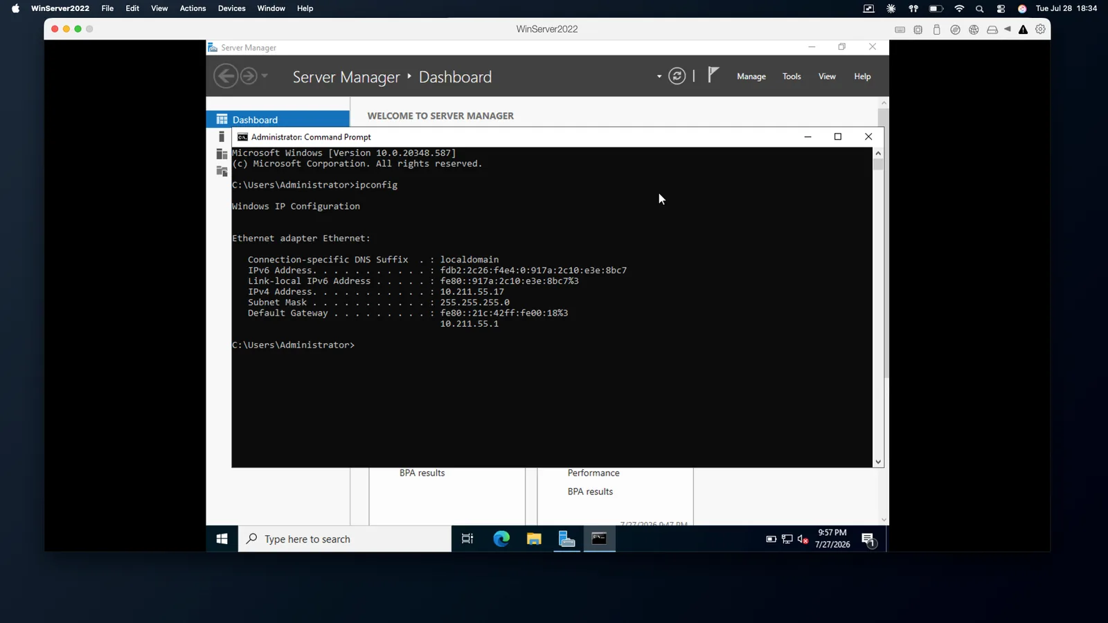 Windows Command Prompt showing ipconfig output with IPv4 address 10.211.55.17, subnet mask 255.255.255.0, and default gateway 10.211.55.1
