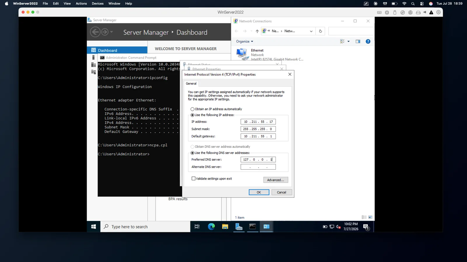 Internet Protocol Version 4 (TCP/IPv4) Properties dialog with a static IP address, subnet mask, default gateway, and preferred DNS server set to 127.0.0.1