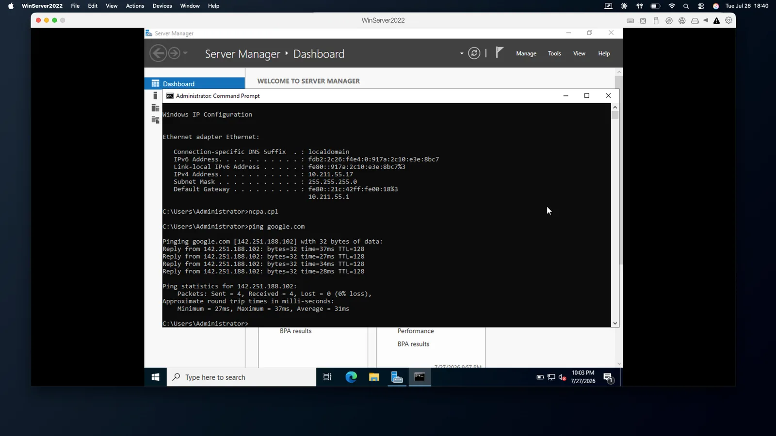 Command Prompt showing four successful ping replies from google.com with 0% packet loss and 31ms average round trip time