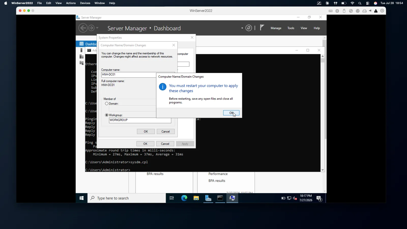 Computer Name/Domain Changes dialog with the computer name set to HNH-DC01 and a prompt stating the computer must be restarted to apply the changes