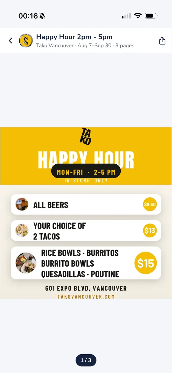 Flyerly showing a restaurant happy hour flyer with per-item pricing and the times the deal runs.