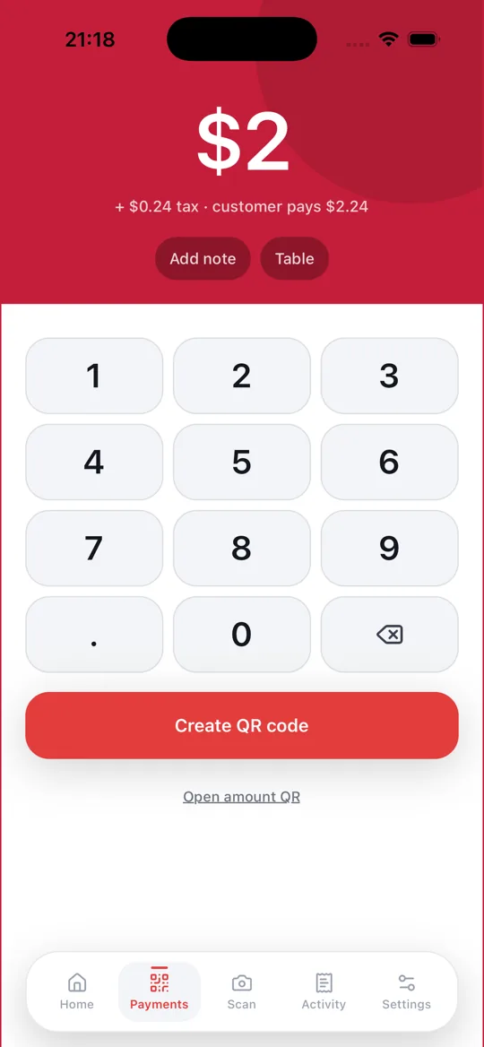 PayLeaf keypad screen creating a QR code for a $2 charge with tax.